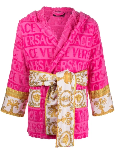 Versace I Heart Baroque Short Hooded Bath Dressing Gown In Pink