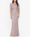 Betsy & Adam Cape Sleeve Trumpet Gown In Blush/gold