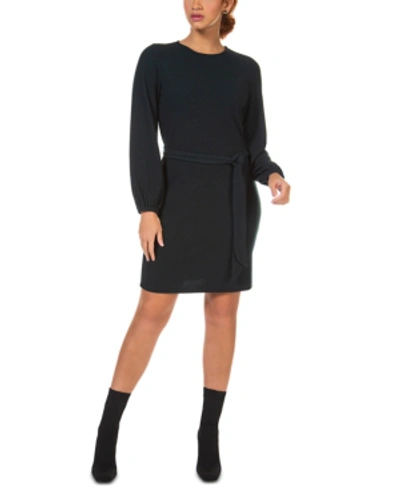 Black Tape Belted Balloon-sleeve Sweater Dress In Pine