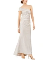 Eliza J Petite One-bow-shoulder Sequin Satin Gown In Champagne Silver