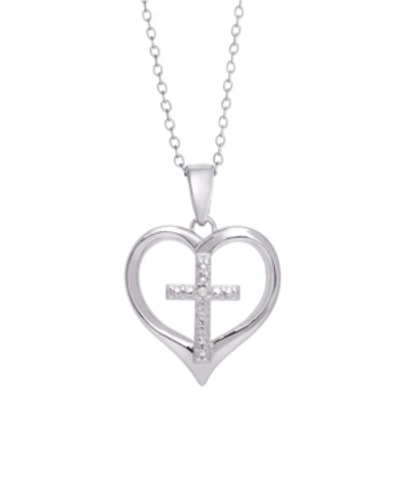 Macy's Diamond Accent Silver-plated Cross In Heart Pendant Necklace