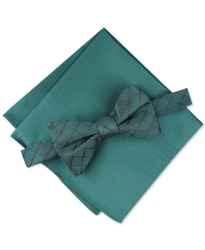 Alfani Men's Grid Pre-tied Bow Tie & Solid Pocket Square Set, Created For Macy's In Green
