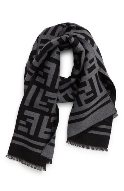 Fendi Ff Logo Wool & Silk Scarf In Noir  1