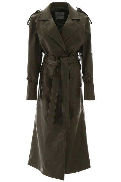 Attico Belted Leather Trench Coat In Green