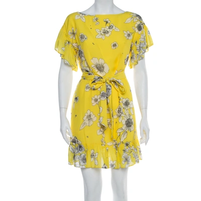 Pre-owned Alice And Olivia Yellow Floral Print Chiffon Ruffled Ellamae Dress Xs