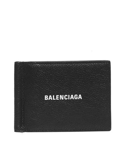 Balenciaga Man Crocodile Embossed Leather Black Folding Wallet With Logo