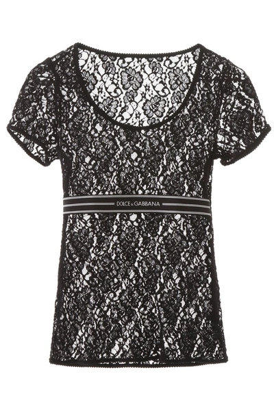 Dolce & Gabbana Lace T-shirt With Logo In Nero