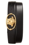 Versace Medusa Head Leather Belt In Black/ Gold/ Gold