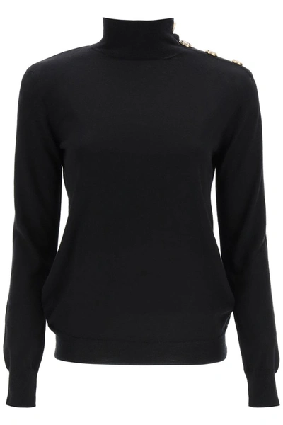 Balmain Turtleneck With Golden Buttons In Black