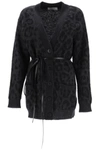 Valentino Leopard Pattern Belted V-neck Cardigan In Grigio Melange Nero