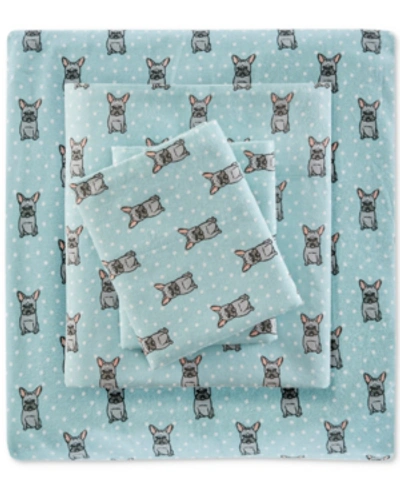 Sleep Philosophy True North Cotton Flannel 4-piece California King Sheet Set Bedding In Aqua French Bulldog