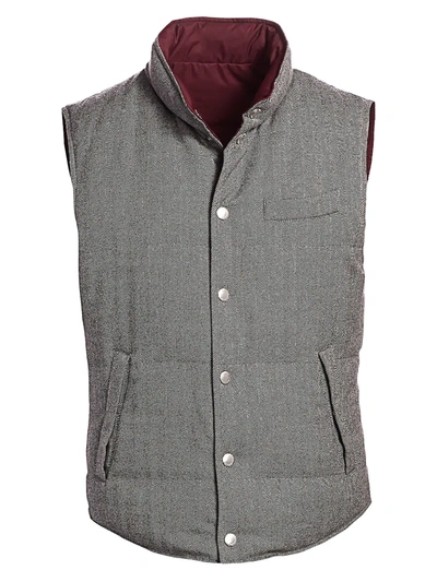 Brunello Cucinelli Men's Chevron Reversible Padded Wool Cashmere Vest In Grey Barolo