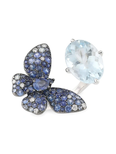 Stéfère Women's Butterfly 18k White Gold, Aquamarine, Blue Sapphire & White Diamond Ring
