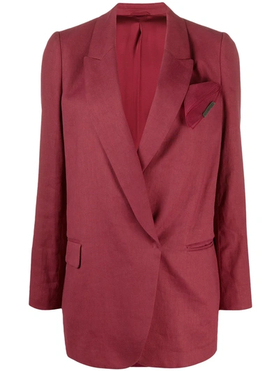 Brunello Cucinelli Stretch Linen Blend Blazer With Monili Silk Pocket Square In Grenat