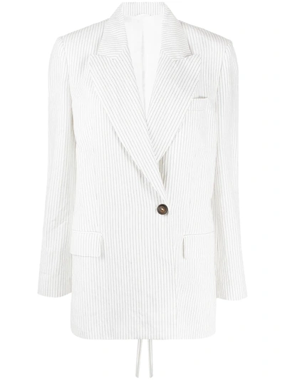 Brunello Cucinelli Belted Pinstripe Cotton & Linen Blazer In White