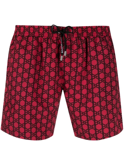 Balmain Monogram Logo-print Swim Shorts In Red