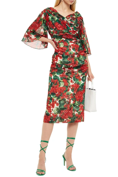 Dolce & Gabbana Ruched Floral-print Sllk-blend Dress In Red
