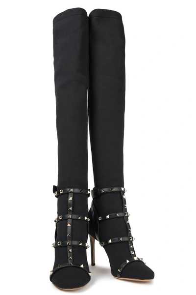 Valentino Garavani Rockstud Leather-trimmed Stretch-knit Over-the-knee Boots In Black