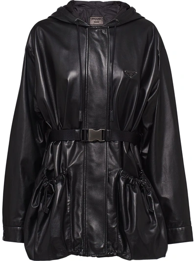 Prada Drawstring-hood Belted Jacket In Black
