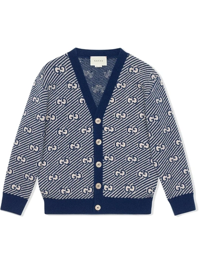 Gucci Kids' Gg Jacqurd Cardigan In Blue Wool