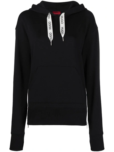 Hugo Logo Drawcords Hoodie In Black