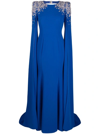 Jenny Packham Embellished-shoulder Cape-style Gown In Blue