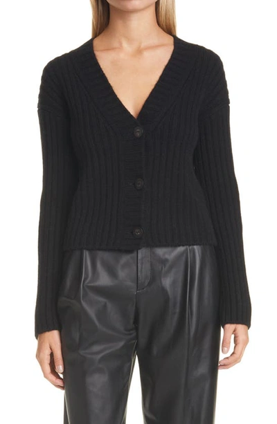 Vince Cropped Ribbed Wool And Cashmere-blend Cardigan In Brown,black