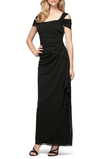 Alex Evenings Cold Shoulder Ruffle Glitter Gown In Black