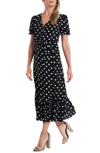 Cece Disco Dot Puff Sleeve Midi Dress In Black