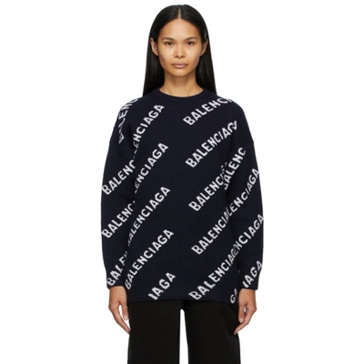 Balenciaga Repeat-logo Intarsia-knit Jumper In Blue