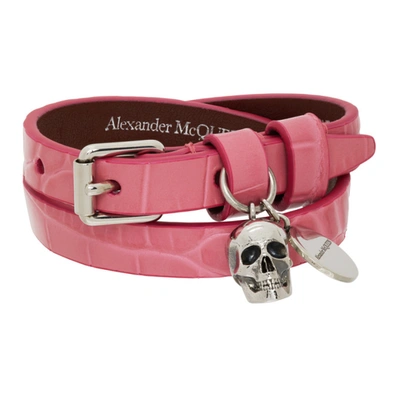 Alexander Mcqueen Pink Croc Double Wrap Bracelet