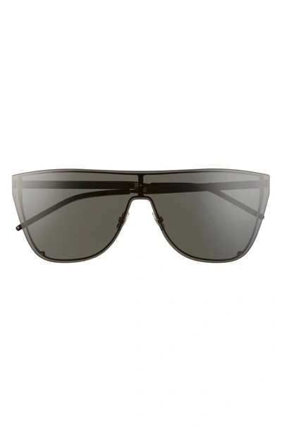 Saint Laurent 99mm Oversize Flat Top Shield Sunglasses In Shiny Silver / Gray