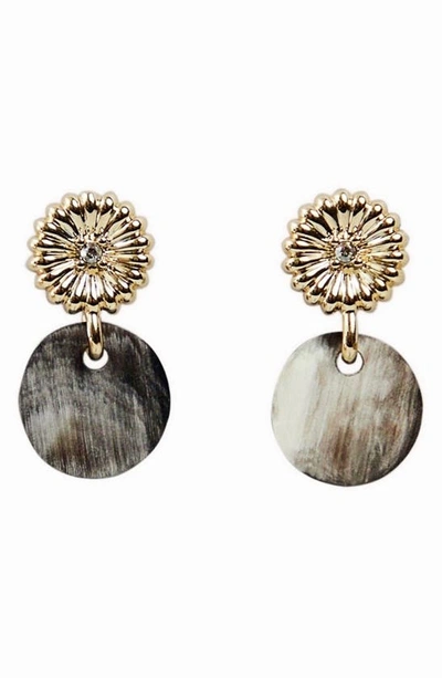 Akola Rossi Black Horn Disc & Designer Crystal Small Drop Earrings In Gold