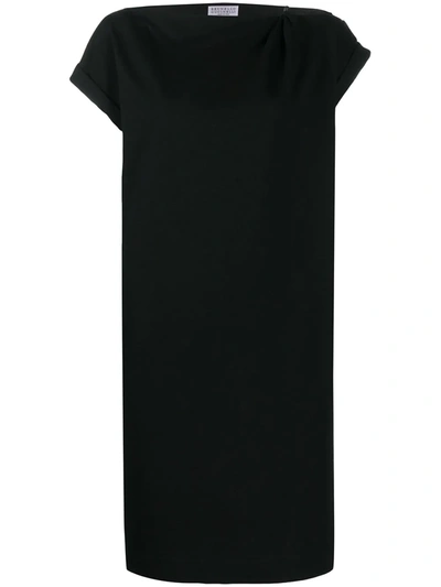 Brunello Cucinelli Asymmetric-neck Cotton Shift Dress W/ Monili Strap In Black