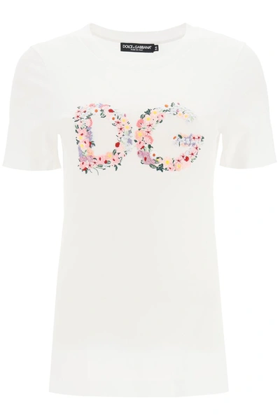 Dolce & Gabbana T-shirt In Cotone Con Logo Floreale In Bianco Ottico