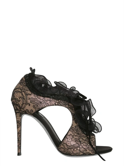 René Caovilla Strass Embellished Ruffle Floral Lace Sandals In Pink