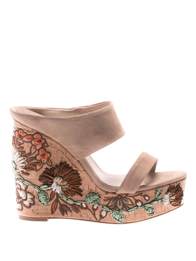 Paloma Barceló Amarilis Embroidered Wedge Sandals In Nude And Neutrals