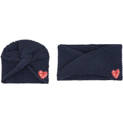 Ikks Babies' 2-piece Navy Heart Embroidered Hat And Snood Set In Blue