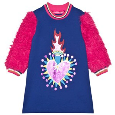 Agatha Ruiz De La Prada Kids' Blue Heart Graphic And Faux Fur Sleeves Sweat Dress