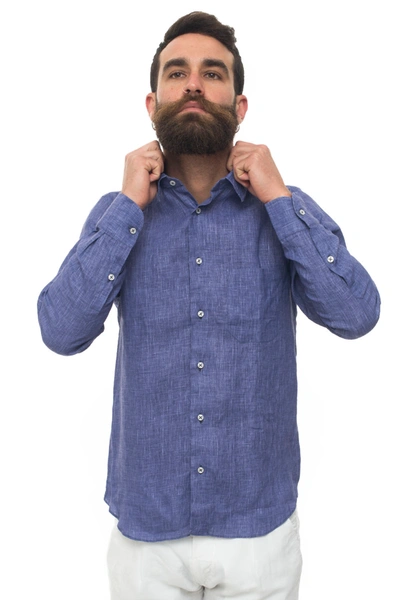 Vincenzo De Lauziers Long-sleeved Linen Shirt Blue Linen Man