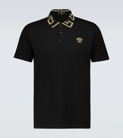 Versace Cotton Polo Shirt With Medusa Patch In Black