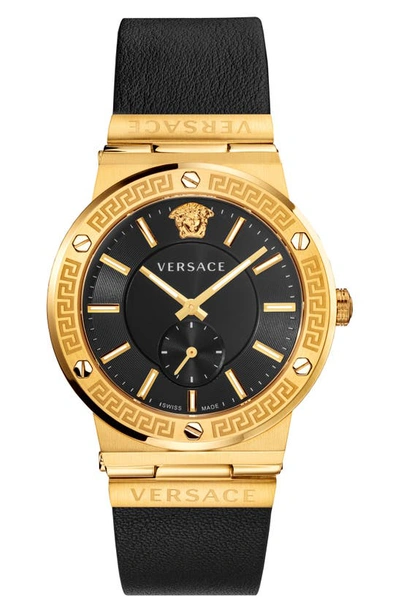Versace Greca Logo Watch With Leather Strap, Yellow Gold/black In Ip Yellow Gold