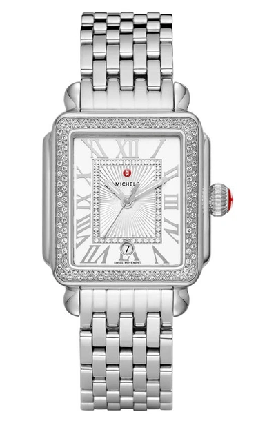 Michele Deco Madison Mid Stainless Steel Diamond Watch In White/silver