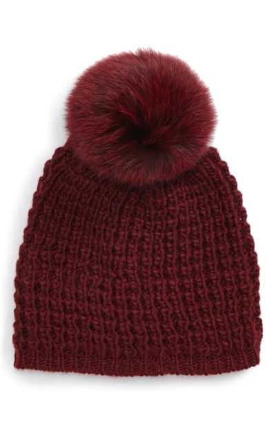 Kyi Kyi Genuine Fox Pompom Hat In Bordeaux/ Bordeaux Pom