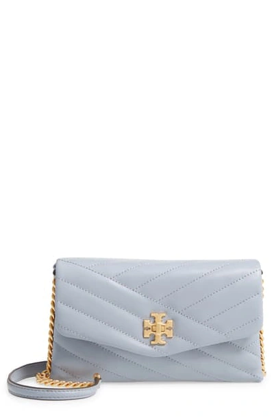 Tory Burch Kira Chevron Quilted Leather Wallet On A Chain In Cloud Blue/ Rolled Brass