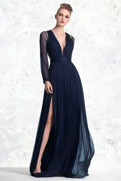 Cristallini Long Sleeve Silk Tulle Navy Evening Gown