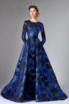 DIVINA BY EDWARD ARSOUNI BLUE LONG SLEEVE ORGANZA EVENING GOWN,EA18FG0286-9