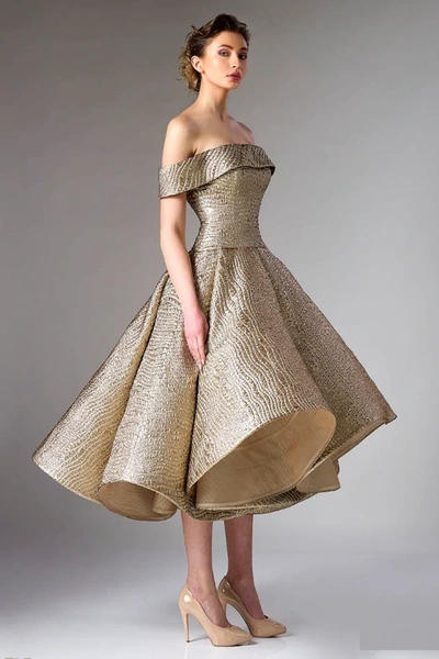 Divina By Edward Arsouni Copper Brocade Off Shoulder Midi-tea Dress