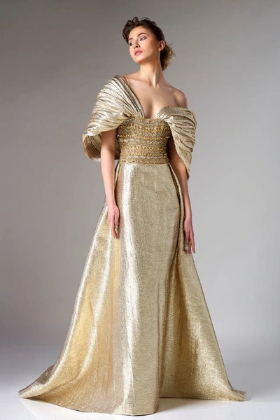 Divina By Edward Arsouni Gold Brocade Evening Gown