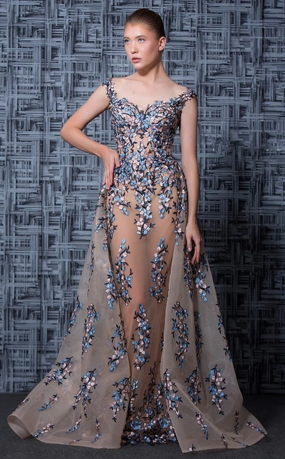 Mnm Couture Nude Blue Beaded Floral Off Shoulder Evening Gown